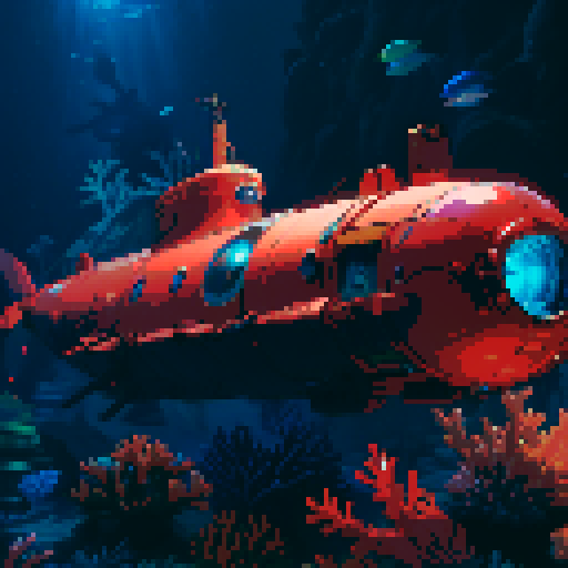 submarine, underwater, colorful, vibrant, retro, 8-bit, pixelated, deep sea, coral reefs, marine life, illuminated, glowing, exploration, portholes, periscope, propellers, mechanical, rivets, vintage, nostalgic