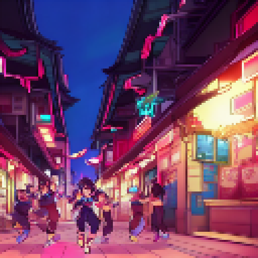 Fierce warriors Ryu and Chun-Li spar in a neon-lit alleyway, their rippling muscles and flowing hair rendered in vibrant anime style while a crowd of onlookers cheer them on.