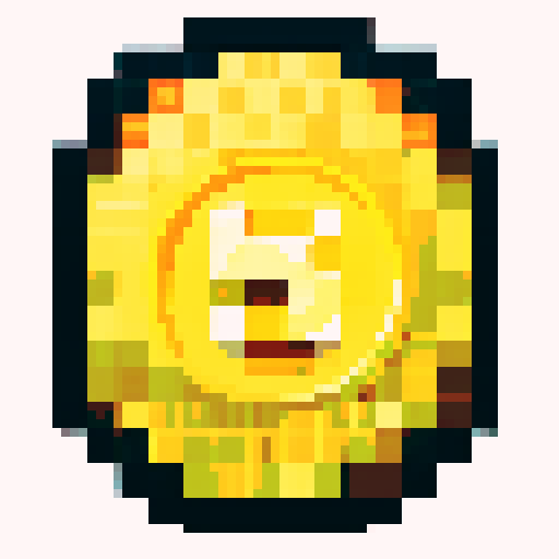 Imagine a digital, pixelated coin, shimmering with a bright golden hue. This coin has a classic round shape, resembling a traditional coin, but its surface is made up of tiny, square pixels, giving it a distinctly digital and retro video game look. The pixels catch light at various angles, making the coin glint and sparkle. On its surface, there is a simple, pixelated design – perhaps a symbol or a character – that is iconic and easy to recognize, yet rendered in a minimalist, blocky style typic