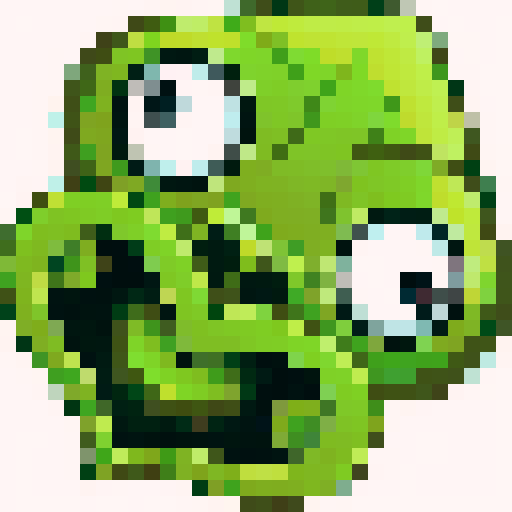 A twisted green Hei Tiki head, wide-eyed and contorted, exuding a mix of mischief and madness, stylized with bold lines and exaggerated features with dark brown tree bark background as a 32x32 pixel game icon, rendered with skillful pixel art in sRGB colors