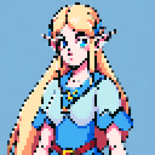 female elf, long blonde hair, blue eyes, pixel art, sRGB