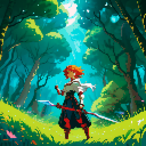 female swordsman, fiery-haired, wielding a luminous blade, poised at cliff's edge, gazing upon a lush woodland, with an extraterrestrial world adorning the sky, all rendered in vibrant pixel art, embracing the sRGB color palette