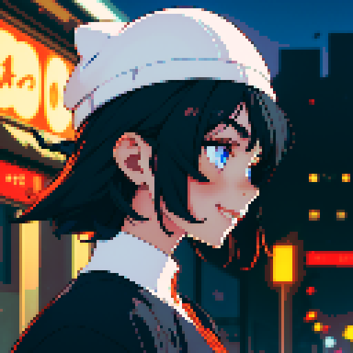 Night city street light background, profile picture, young girl, smile, rounded face, blue eyes, short black hair, white shirt, beige hat, red neck ribbon, facing directly