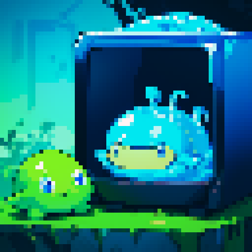 slime growing, expanding, blue gelatinous cube, skill icon, symbol, pixel art, sRGB