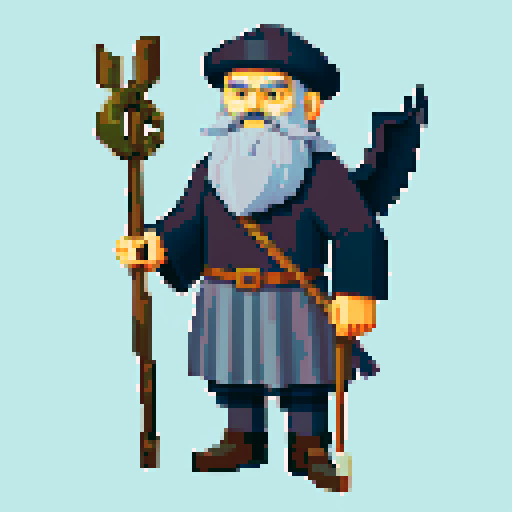 old raven-like druid with grey beard, with staff in hand