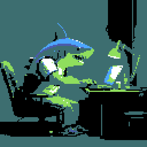shark in suit, vintage computer, retro color palette, pixelated waves, typewriter-style keys, desk cluttered with papers, old-fashioned desk lamp, muted shades of blue