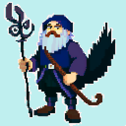 old antropomorphic raven druid with grey beard, with staff in hand