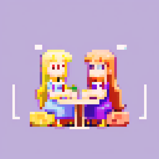 long blonde hair, pink apron, brown hair, purple dress, sitting down, facing each other, nail salon, pixel art, sRGB
