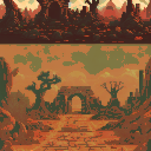 Desert-like battlefield with reddish-brown earth and scattered stones, leading to a mystical village. Ancient structures with arched doors and carved details stand among stone pillars and barren trees. A warm, dusty sky creates a surreal atmosphere, blending earthy tones with hints of mystery and decay.