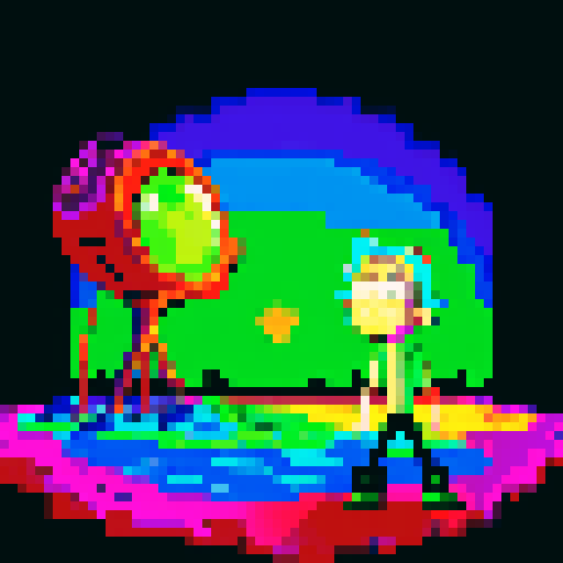 Rick and Morty on Mars with UFOs in acid palette