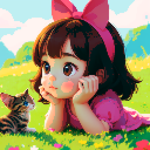 little cute girl lies on the grass and looks at the kitten