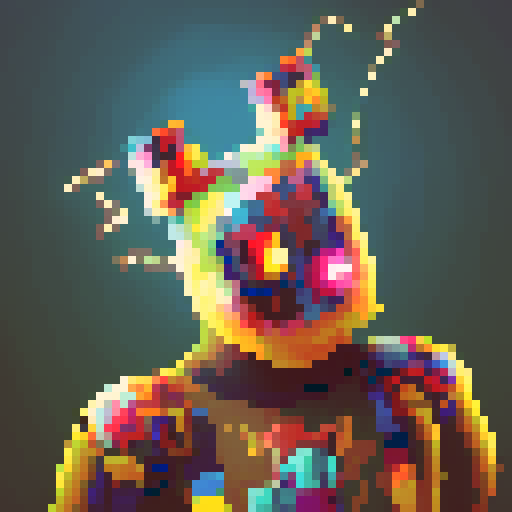  mixed arts, futurism, red. yellow, blue, pixel art, spider legs at bottom,  two horse head on Torso, golden heart as torso, crown, tri-colors, 2d, pixel, pixelized, monster mixed in arts