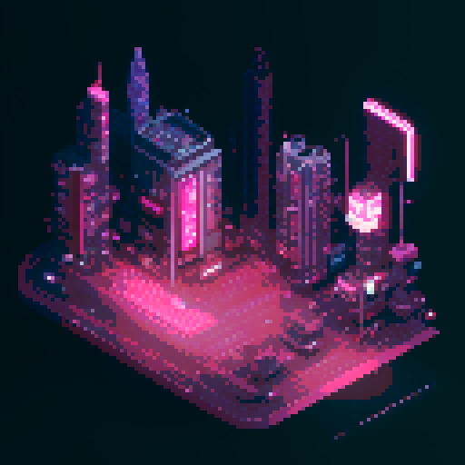 isometric 3D perspective, anime girl hovering in street, Japanese cyberpunk, neon lights, futuristic cityscape, dark colors, pixel art

