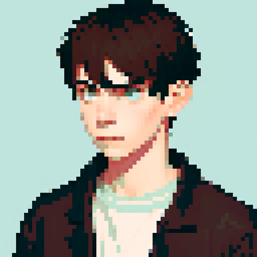 portrait, sprite art, young man, sad, narrow eyes, muted colors, depressed, city dweller, neutral, eccentric