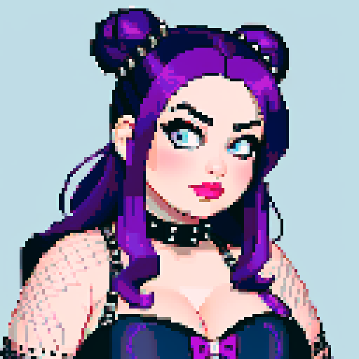 Pretty Face Portrait of Thicc, curvy, busty goth babe with studded collar, long purple hair in buns, fishnet stockings, studded halter top. pixel art, sRGB.