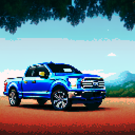 Photorealistic, centered Ford F-150 in a three quarter view, right wheel in front, clean background, pixel art style with sRGB colors