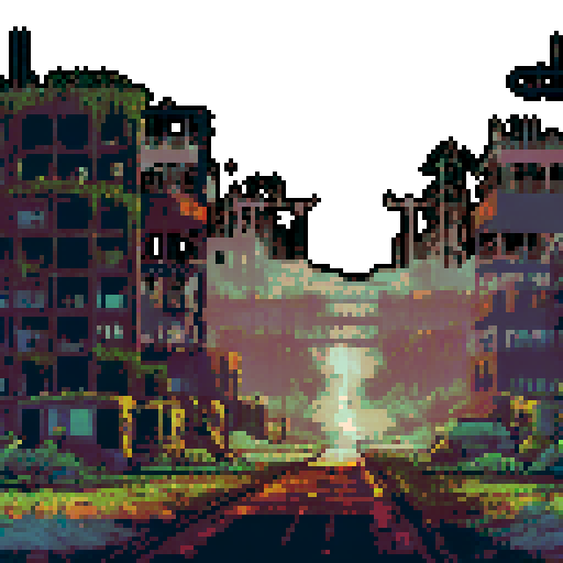 post-apocalyptic factory building, abandoned machinery, rusted pipes, overgrown vines, decaying buildings, shattered windows, eerie silence, nature reclaiming, vibrant pixelated colors, sRGB palette, atmospheric landscape
