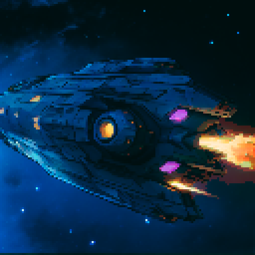 spaceship with sleek metallic exterior, glowing engine fires, starry backdrop, vibrant pixel art, sRGB colors
