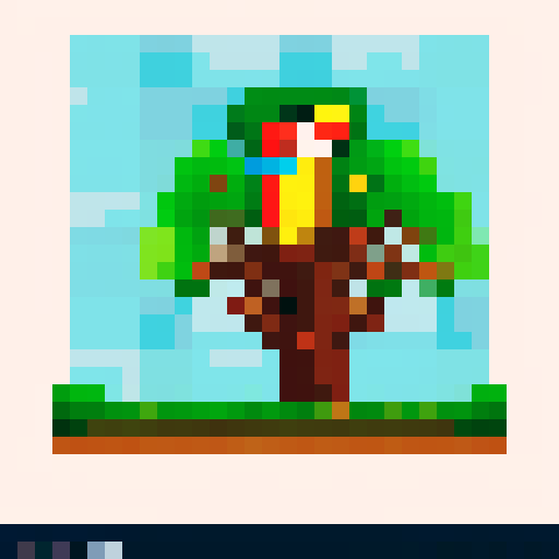 toucan on a tree in the forest. the scene displays two big trees with the toucan in the middle on one of their branches