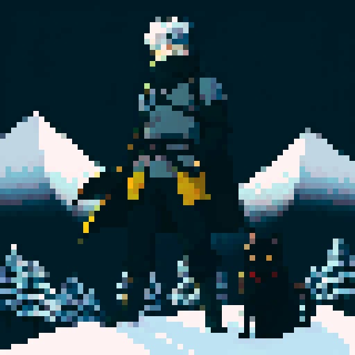 Hatake Kakashi with a black cat with yellow eyes on his shoulders in between towering, snowy mountains