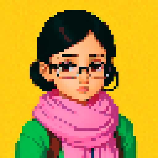 portrait, sprite art, young south asian woman, cozy, cute, soft eyes, smart, nerd