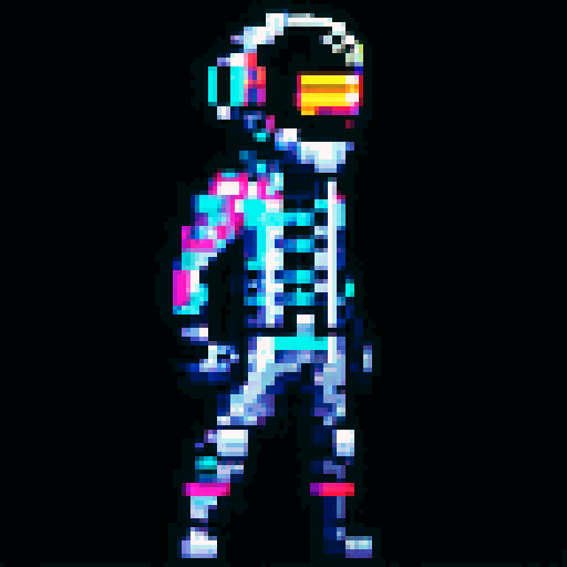 cyberpunk space trader sprite, pixel art, futuristic design, cybernetic arm with intricate detailing, glowing yellow-orange visor over the eyes, trench coat with glowing lines, blue and teal color palette with neon pink and yellow accents, distinct sci-fi aesthetic, confident posture, mid-step left first, arms extended, pixel art, sRGB