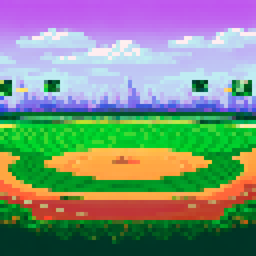 Baseball field, vibrant green grass, neatly lined white bases, players in colorful uniforms, fans cheering in stands, towering floodlights illuminating the night sky, scoreboard displaying team names and scores, pixel art rendition, sRGB color palette, detailed background landscape
