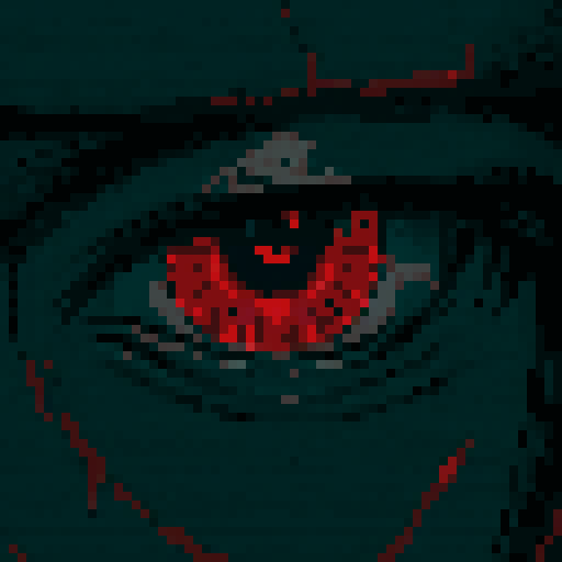 crimson Uchiha eyes radiating an intense red glow, mysterious black aura, pixel art, sRGB, enchanting RPG, fantastical visuals, pixelated landscape