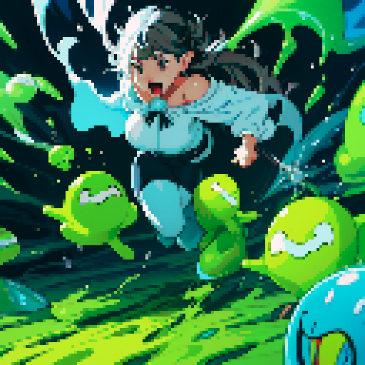 slime surging up around someone, slime engulfing a hero, slime consuming a hero, hero getting engulfed by slime, slime attack, dynamic, slime slamming into someone, impact, splashing slime, full-body image, full-body art, black hair, white outfit