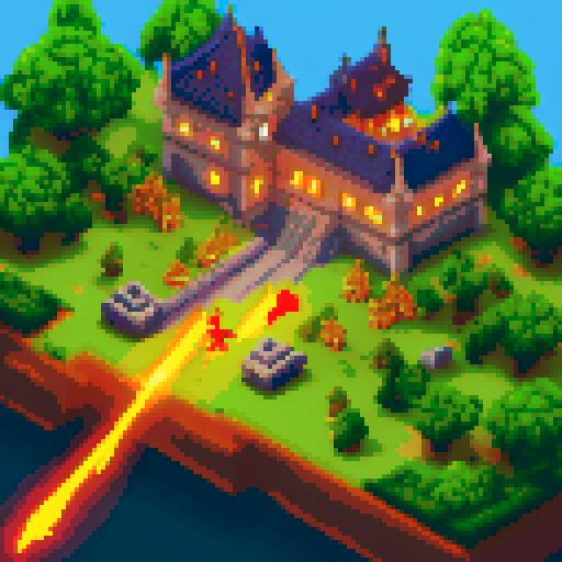 Dragon breathing fire on an ancient castle as soldiers flee in terror, all depicted in a pixel art style with vibrant sRGB colors.