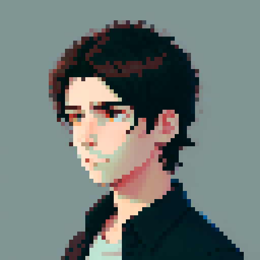 portrait, sprite art, character art, stardew valley, young man, depressed, medium length hair, dark hair, dark eyes, neutral, normal, sad, boring clothes, mysterious