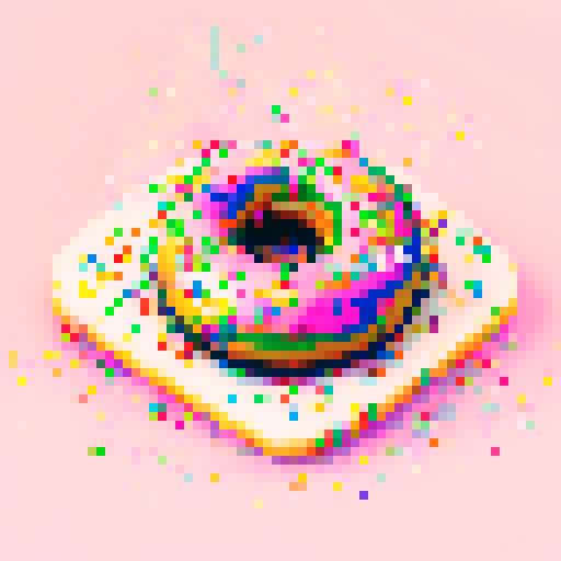 doughnut with vibrant colored icing dripping down, rainbow sprinkles on top, pixel art