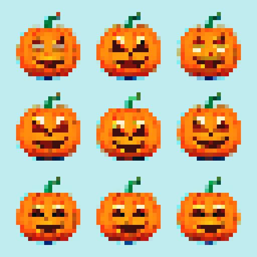cartoon pumpkin faces with expressive eyes and quirky grins, rendered in vibrant pixel art with a rich sRGB color palette