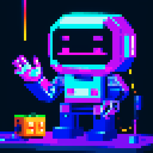 friendly robot, waving hand, colorful lights, retro computer, pixelated landscape, sRGB palette