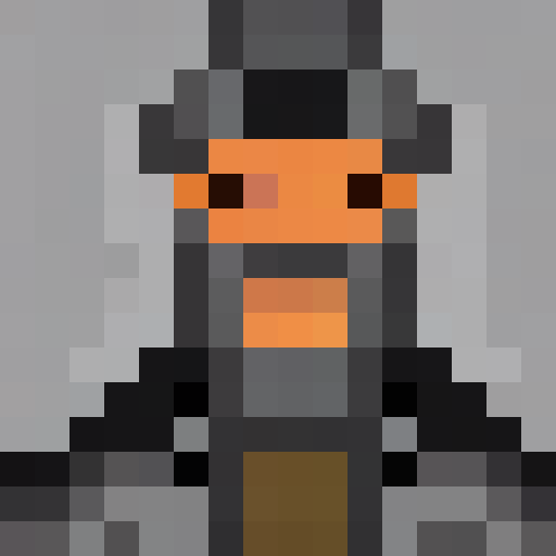 16-bit wizard with a gnarled staff, intense eyes, and a flowing beard, set against a moody, stark contrast, all in a minimalist, monochrome pixel art style.