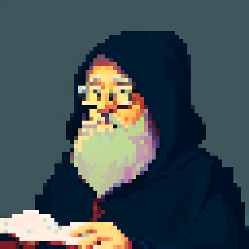 wise old librarian grandpa portrait, hooded figure, long bushy beard, wise eyes full of knowledge, pixelated style, non-vibrant colors