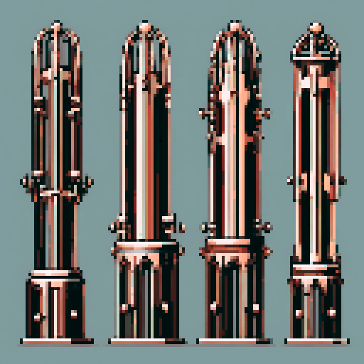 I want a tall vertical copper structure reminiscent of a organ pipe. It should have strange mechanical details that could interlock with each other. I also want this object usable an asset in a videogame, meaning only one object per image, outlined with a strong black stroke, on a solid-color background.
