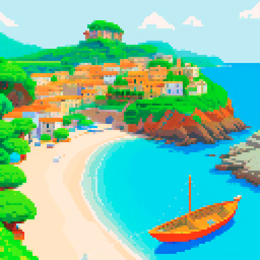 island with orange-roofed Italian homes, boats, small beach, pixel art, sRGB, muted colors, ghibli