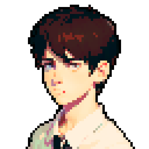 portrait, sprite art, young man, sad, narrow eyes, muted colors, depressed, neutral, eccentric
