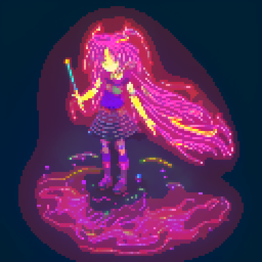 Mage anime girl, flowing hair, fluorescent tattoos, glowing staff, purple neon-lit night market, pixel art