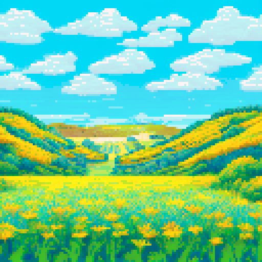 Rolling hills of golden grass, dotted with vibrant wildflowers and framed by a clear blue sky, stretching out into the distance in a pixel art style