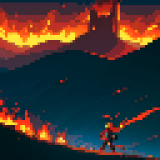 Dragon breathing scorching fire, intense flames illuminating the pixelated landscape in sRGB pixel art style