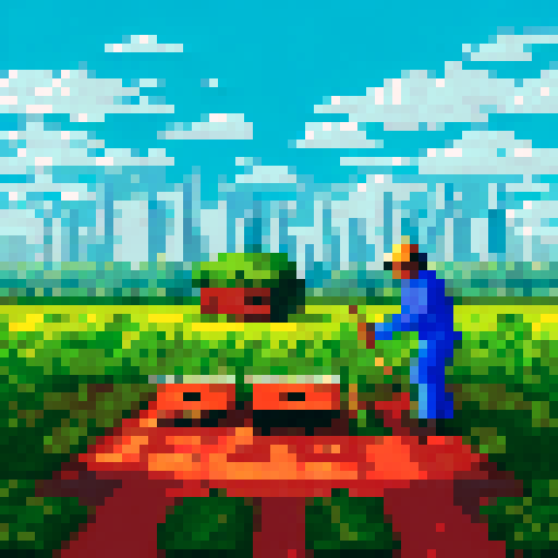 A small apiary in the english countryside. A beekeeper is tending one of the hives.