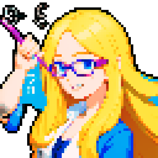 Smart girl with glasses, with average breasts, mathematics, playful, cheerful, smiling, with a pointer in her hand, face, long blond hair, character portrait, rendered in a vibrant anime style with intricate pixel art details
