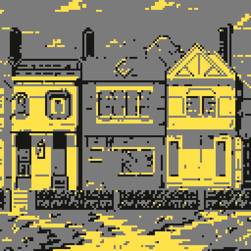 Modest suburban american row houses, legend of Zelda isometric perspective, side view, tile based art, 8x8 tiles, pixel art
