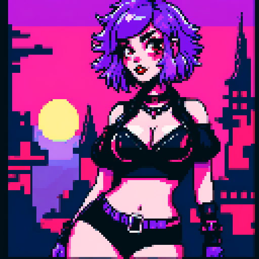 curvy, busty goth girl, purple hair, black eyeshadow, red lipstick, bikini, studded collar, sexy seductive glamour shot, vibrant sRGB colors, pixel art, edgy aesthetic