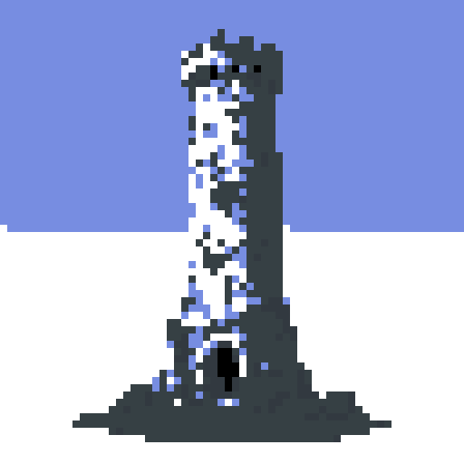 2d stone tower in an ancient english style. Old and crumbling but still upright. Usable as an asset (clear, thick lines and a white background). Put a black stroke around the composition