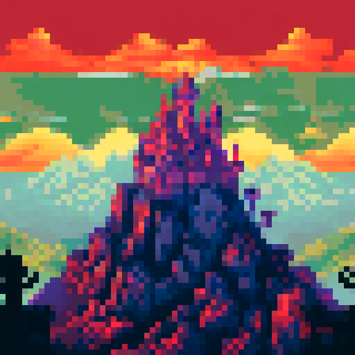 a background layer for my pixel art game called Grim Vampire Hunters, picturing a dark silhouette of a castle atop a mountain, overseeing dark woods, pixel art, foggy, mysterious, landscape portrait