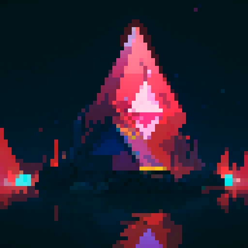 Ethereum logo, vibrant colors, geometric shapes, retro, 8-bit, blocky, low resolution, pixelated, digital, abstract, symmetrical, clean lines, sharp edges, dynamic, popping, eye-catching, neon hues
