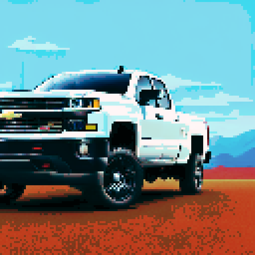 Photorealistic, centered Chevrolet Silverado in a three quarter view, right wheel in front, clean background, pixel art style with sRGB colors
